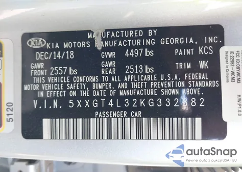 2019 Kia Optima Lx from USA, damaged, VIN 5XXGT4L32KG332882